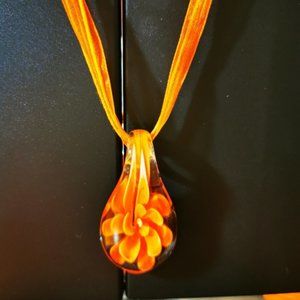 Art Glass Pendent Clear Glass with Orange Flower ~ Ribbon and Cord Nec…